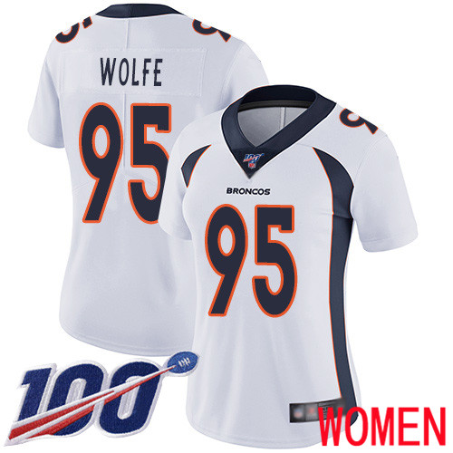 Women Denver Broncos 95 Derek Wolfe White Vapor Untouchable Limited Player 100th Season Football NFL Jersey